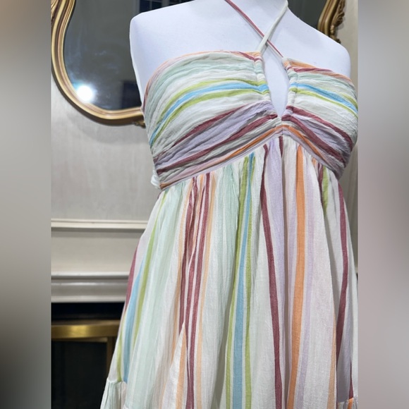 American Eagle Striped Ruched Halter Midi Dress | M | Cotton Lined Tiered - Picture 3 of 16